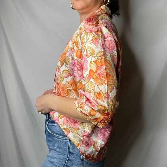 Vintage 70s pink roses print floral 1/2 sleeve blouse button-down top‎ rose L - Picture 14 of 17